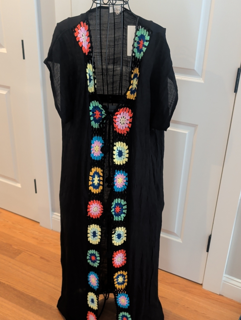 Nwt Elan Black Crochet-Trim Maxi Cover Up with Multicolor Floral Motifs